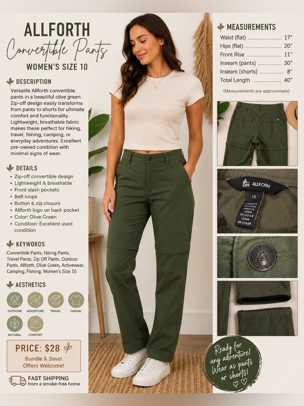 Wide-Leg Convertible Pants in Dark Green